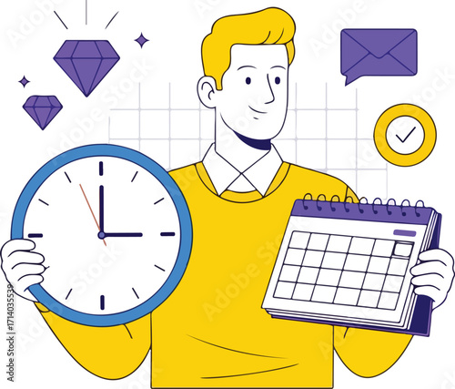 Man holding clock and calendar isolated on white background, time management