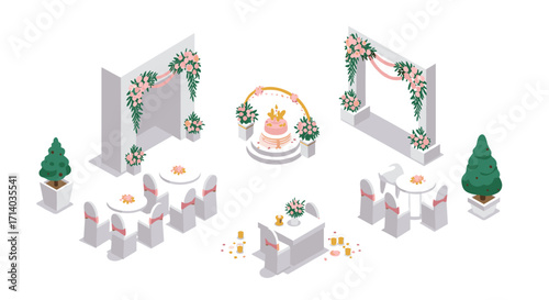 Elegant wedding reception with floral decor and cake in isometric style