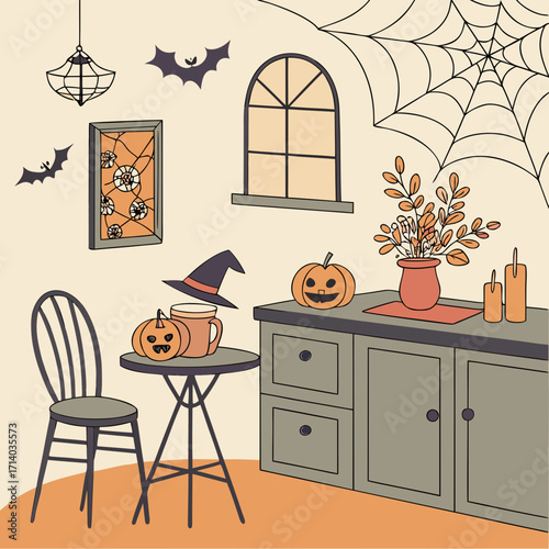 "Halloween Kitchen with Pumpkins and Floral Decorations | Spooky Festive Vector Illustration"