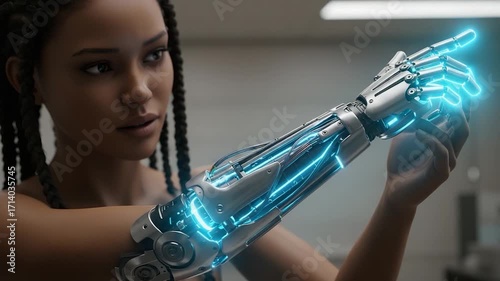 Futuristic Cyborg Woman With Glowing Mechanical Arm.