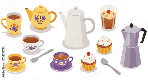 Charming teatime collection with teapots, coffee, and cupcakes in vintage style