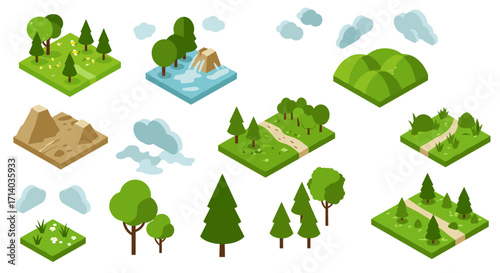 Isometric nature elements set: forests, park paths, and natural landscapes in green