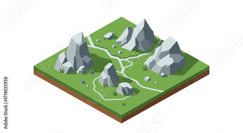 Isometric geometric rock formation on green landscape