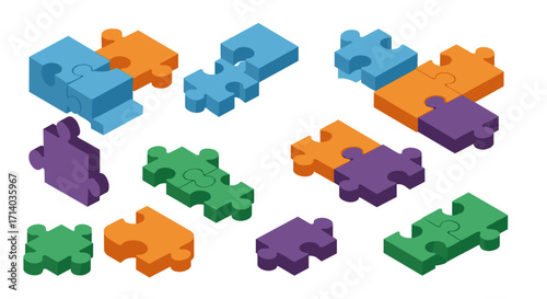 Colorful isometric puzzle pieces set for creative design projects