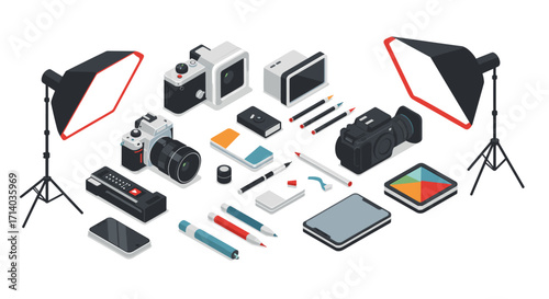 Isometric camera equipment and photography tools set on white background