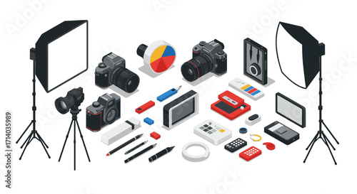 Isometric photography studio equipment with cameras, lighting, and tools
