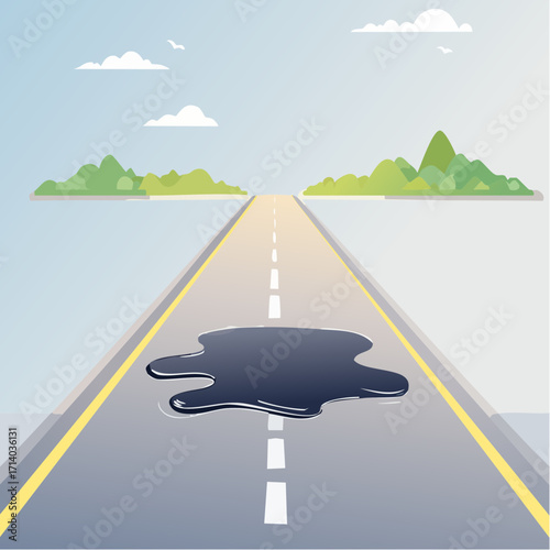 Puddle of oil on a highway, environmental hazard concept