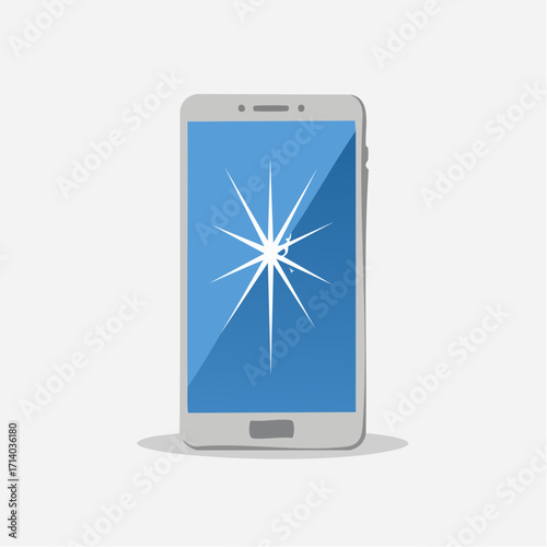 Digital illustration of a modern smartphone with a severely cracked screen, symbolizing technology malfunction, accidental damage, and the need for repair