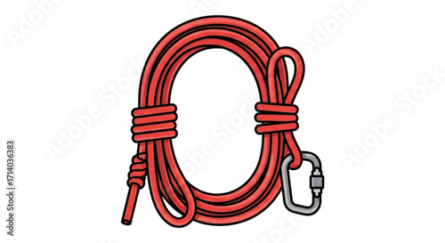 A coiled red rope with a carabiner, essential for climbing, rescue, and various outdoor activities requiring secure fastening