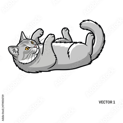 Playful Feline's Delight: A stylized illustration depicts a charming gray cat rolling on its back, displaying pure contentment and a playful nature, offering a sense of joy and relaxation.