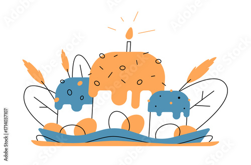 Vector illustration of traditional Easter basket with cake, eggs, candle and spring plants. Religious holiday symbol of Orthodox and Christian culture, festive food and seasonal decoration.