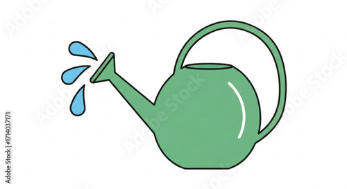 Green watering can with water drops, a gardening tool for watering plants in the garden or home, vector illustration