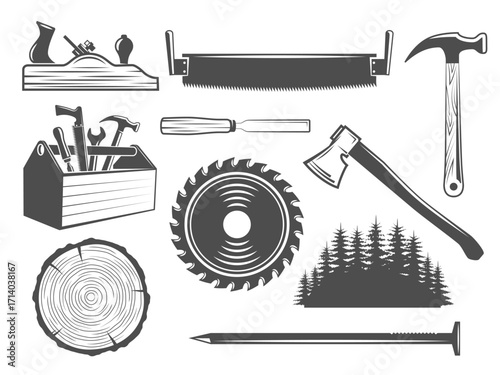 Woodwork or carpentry design elements logos. Set of vector badges for sawmill, lumberjack service or woodwork shop. Vintage labels with hand tools for logo or illustration
