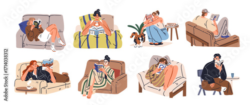 Reading at home set. People relaxing with book on sofa, armchair, bed. Readers enjoying calm leisure with fiction story, novel in cozy interiors. Flat vector illustrations isolated on white background