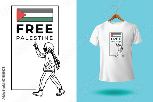 Graphic design and tshirt featuring free gaza free palestine slogan with national flag colors, promoting solidarity and awareness
