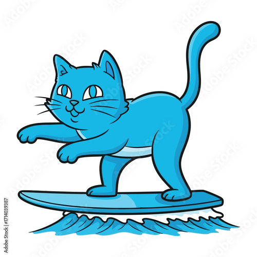 Surf's Up, Cat's Out: A playful cartoon captures a vibrant blue feline, joyfully riding a surfboard, capturing the thrill of the waves.