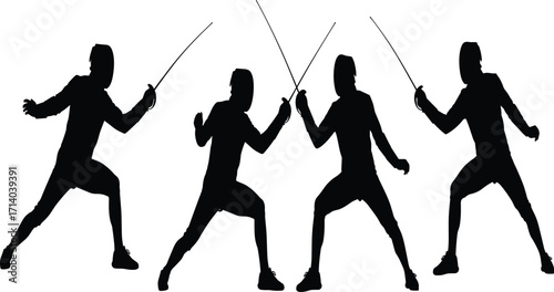 Silhouette of fencing athletes in action, professional fencers practicing duel with swords, sports competition training, isolated black and white illustration