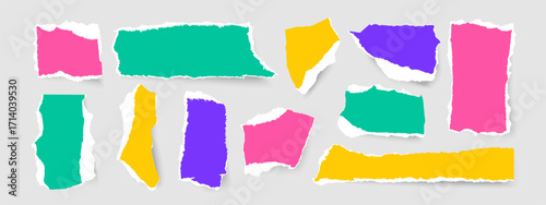 Set of colored torn or ripped paper sheet. Vector illustration. Abstract realistic ornament or decoration elemants for social media collage design