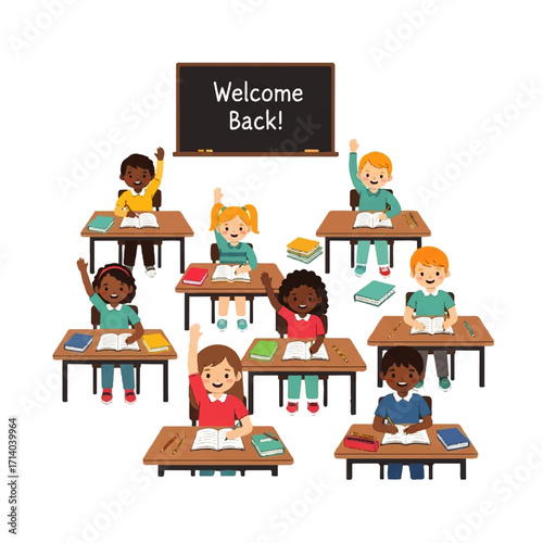 Joyful diverse elementary school children enthusiastically raise hands in a vibrant classroom, celebrating the start of a new academic year filled with learning and discovery