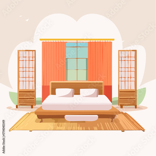 Cozy modern bedroom interior with bed, nightstands, warm lighting, and soft colors.