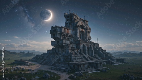 Ancient monolithic structure under a crescent moon and starry expanse, commanding a serene landscape.