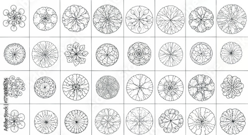 Vector art of collection of black and white topdown tree drawings