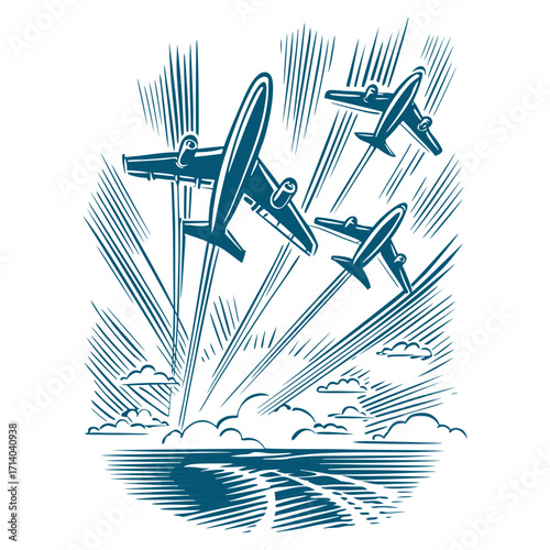 Airplanes flying over ocean and clouds at sunrise or sunset. Military air show or historic flight concept. Vector illustration. Blue and white colors