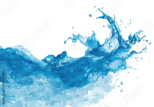 Water splash, vibrant blue, against white