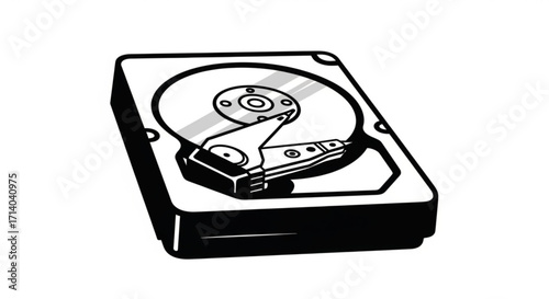 Black and white illustration of a hard drive, a crucial component for data storage in computers