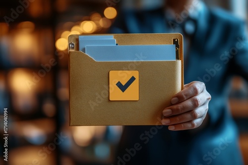Close-up of business hand holding approved contract file folder with tick mark and digital signature icon on top representing finalized legal agreement