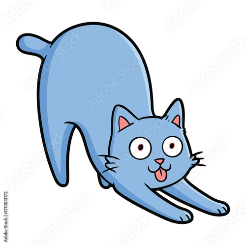 Playful Blue Cat's Stretching: An animated blue cat, tongue playfully sticking out, stretches its body in a cheerful pose, capturing a moment of lightheartedness and simple joy.
