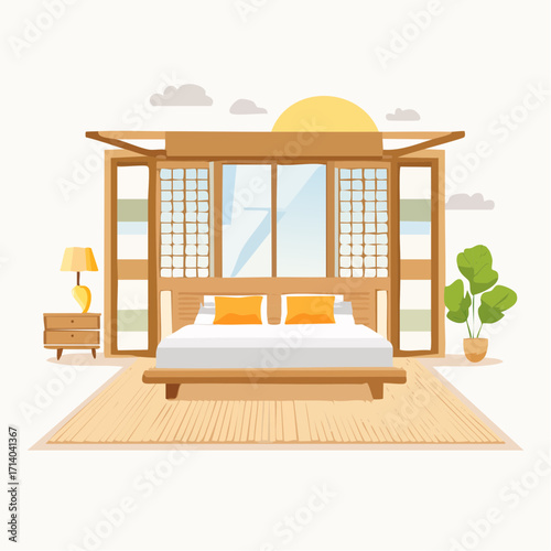 Minimalist bedroom with wooden furniture, large window, and indoor plants in flat design.