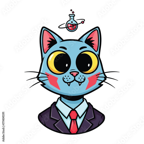 Science-Minded Cat: This image features an illustrated cat wearing a suit, adorned with a chemistry beaker orbiting its head, symbolizing intellect, and scientific curiosity