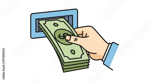 Hand withdrawing money from atm illustration, depicting financial transaction, access to funds, and convenience