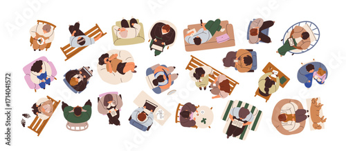People top above view. Men, women overhead, sitting at office desk, table, on sofa, bench, chair, armchair with phone, book, computer and coffee. Flat vector illustrations isolated on white background