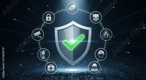 Shield with checkmark icon surrounded by safety and security icons on a dark blue background, representing protection and compliance