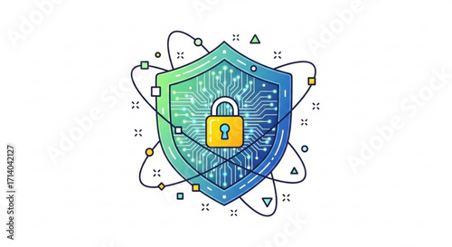 Illustration of a security shield with a padlock, representing cybersecurity, data protection, and privacy concepts