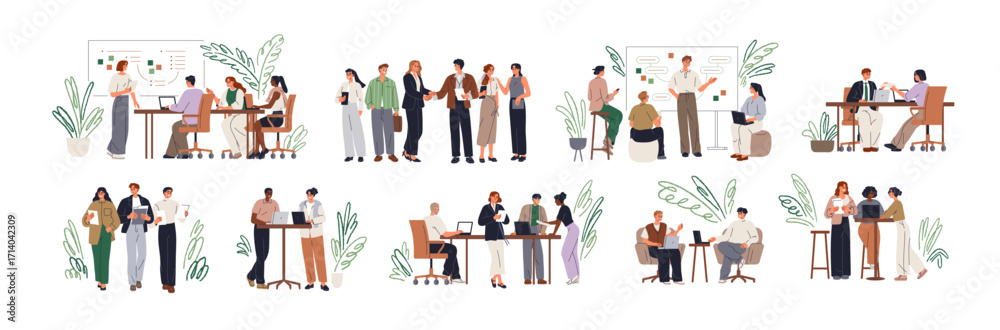 Obraz premium Office communication, collaboration set. Business teams, people, colleagues coworking, discussing during meeting, professional conversations. Flat vector illustrations isolated on white background.