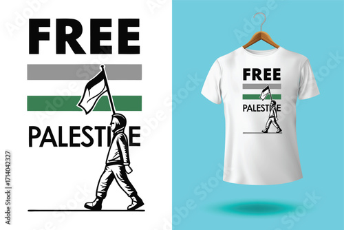 Graphic design and tshirt featuring free gaza free palestine slogan with national flag colors, promoting solidarity and awareness
