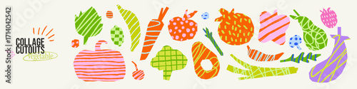 Colorful vegetable collage cutouts in playful crayon style. Irregular carrots, pumpkins, broccoli, fruits. Fun doodle scrapbook stickers.