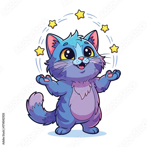 Whimsical Kitten with Stars: A charming cartoon kitten delights with outstretched paws as stars magically circle its head, radiating joy and fantasy.