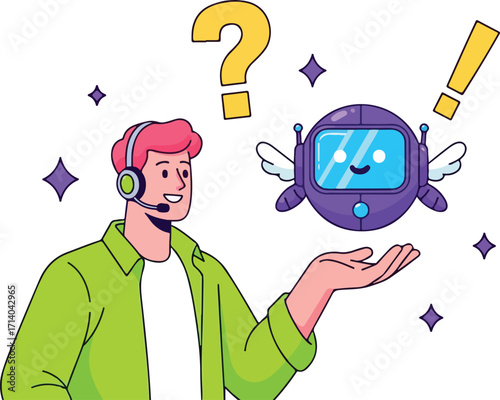 Customer service agent with a flying robot isolated on white background
