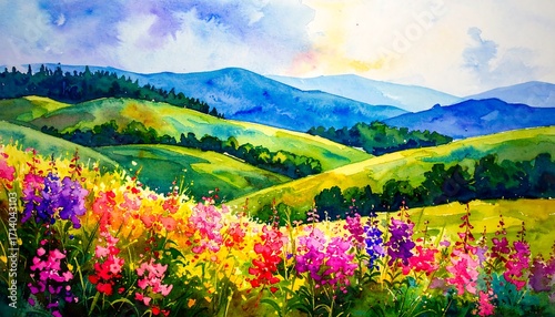 Fototapeta Naklejka Na Ścianę i Meble -  Colorful watercolor landscape of rolling hills and wildflowers