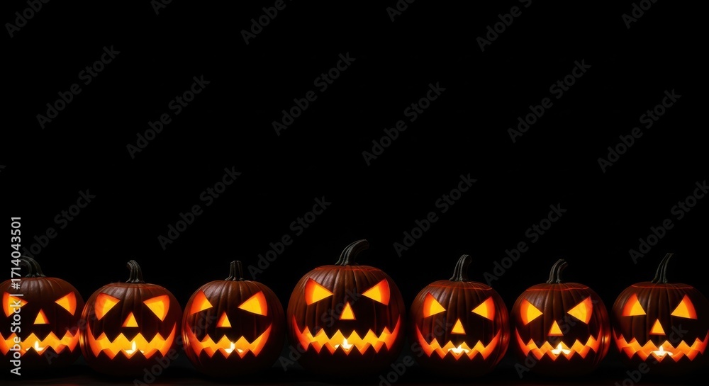 Naklejka premium Row of Spooky Carved Pumpkins for Halloween Celebration