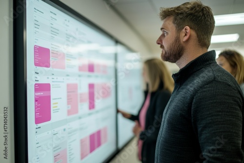 Business team reviewing iso audit checklist on a wall-mounted digital screen ensuring procedural compliance and quality assurance standards