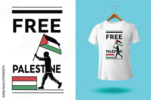 Graphic design and tshirt featuring free gaza free palestine slogan with national flag colors, promoting solidarity and awareness
