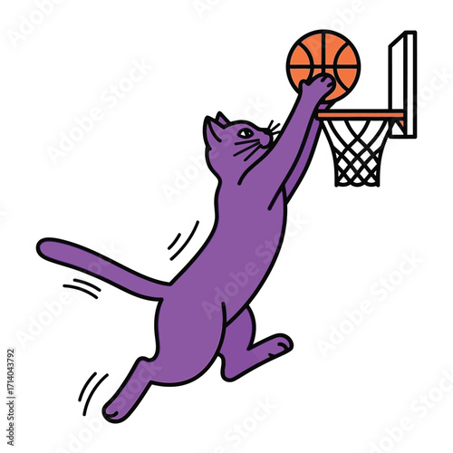 Cat Dunk: A cartoon illustration captures a playful cat executing a slam dunk with a basketball, blending athleticism and humor in a vibrant scene.