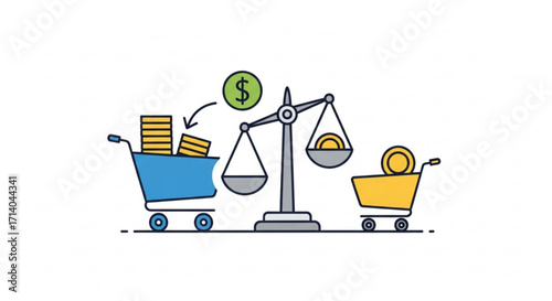 A balance scale with shopping carts and money, representing financial equilibrium and investment strategy