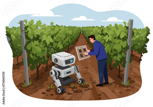 A professional inspects soil with a robot in a vineyard. Modern technology meets agriculture. Clear, bright, and focused composition.