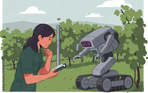 A female professional examines a robotic drone in a natural outdoor setting. She uses a tablet, suggesting remote monitoring and technology integration. Modern, clean composition.
